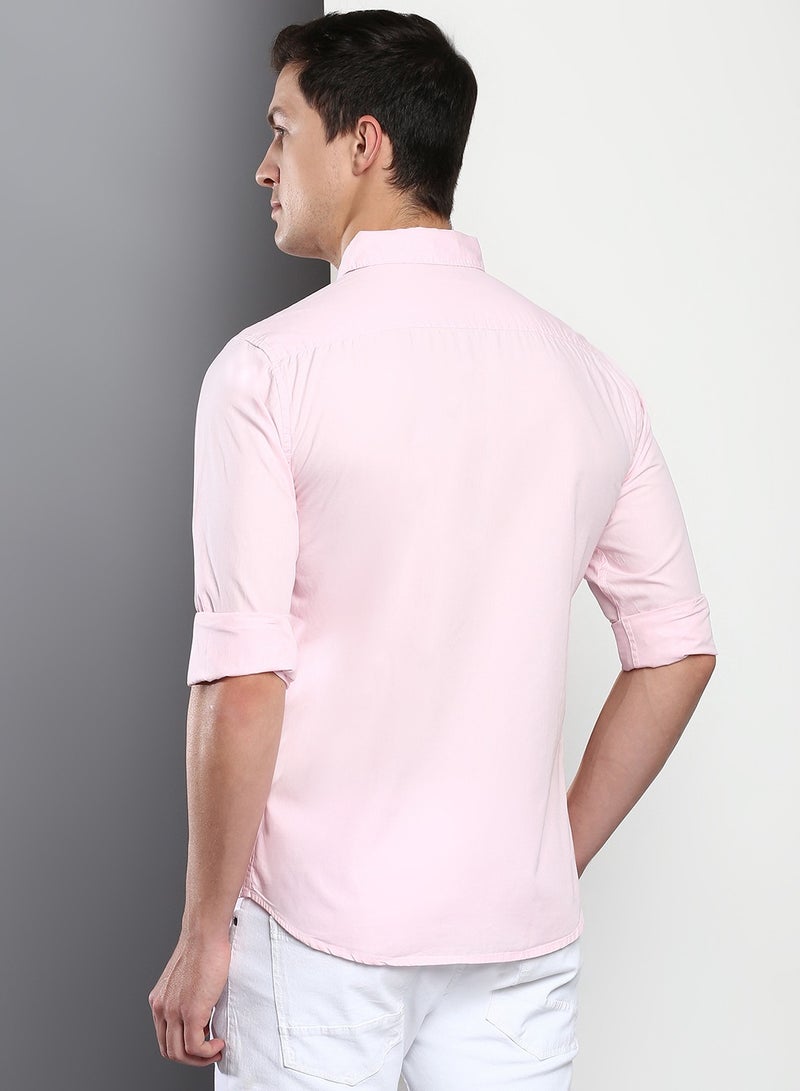 Dennis Lingo Men's Slim Fit Solid Pink Casual Spread Collar Shirt - 100% Cotton - Image 4