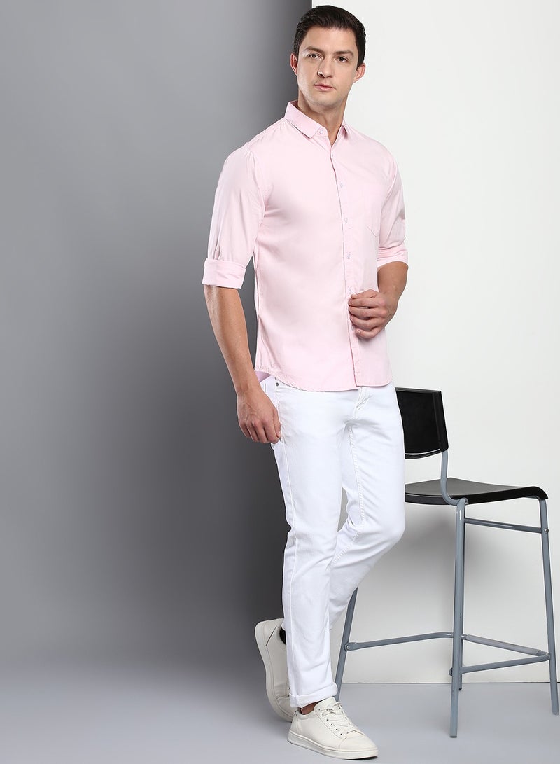 Dennis Lingo Men's Slim Fit Solid Pink Casual Spread Collar Shirt - 100% Cotton - Image 5
