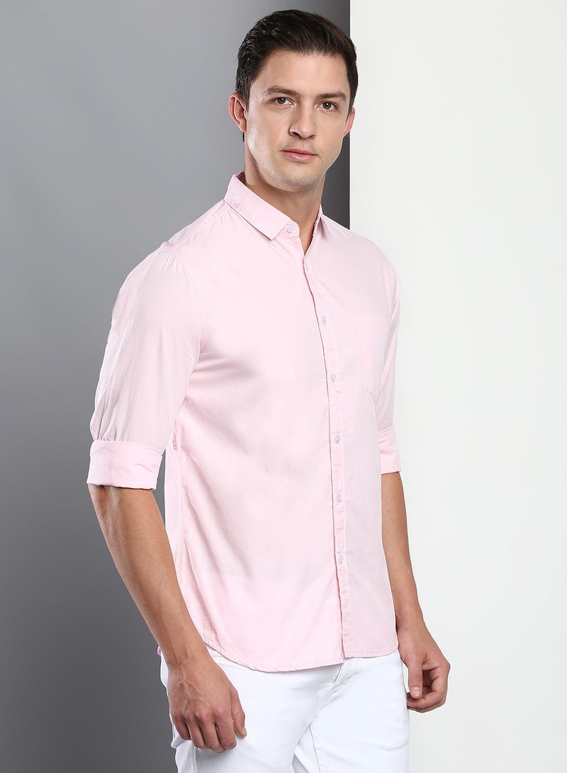 Men's Slim Fit Solid Pink Casual Spread Collar Shirt - 100% Cotton