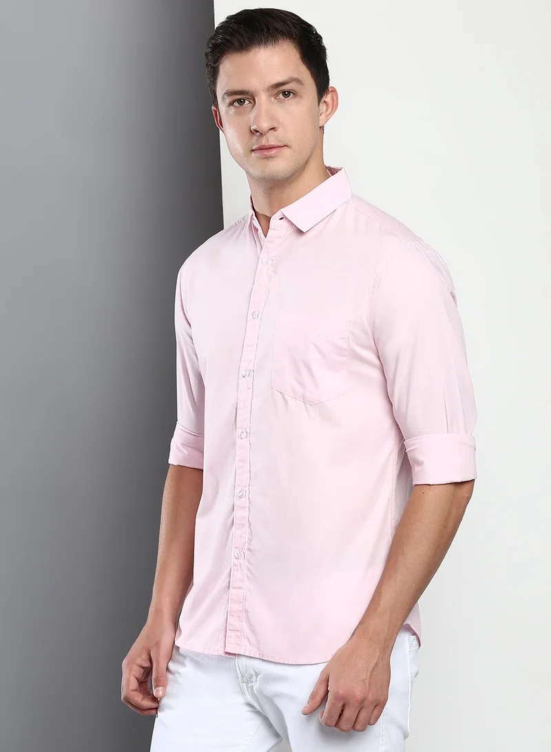 Dennis Lingo Men's Slim Fit Solid Pink Casual Spread Collar Shirt - 100% Cotton