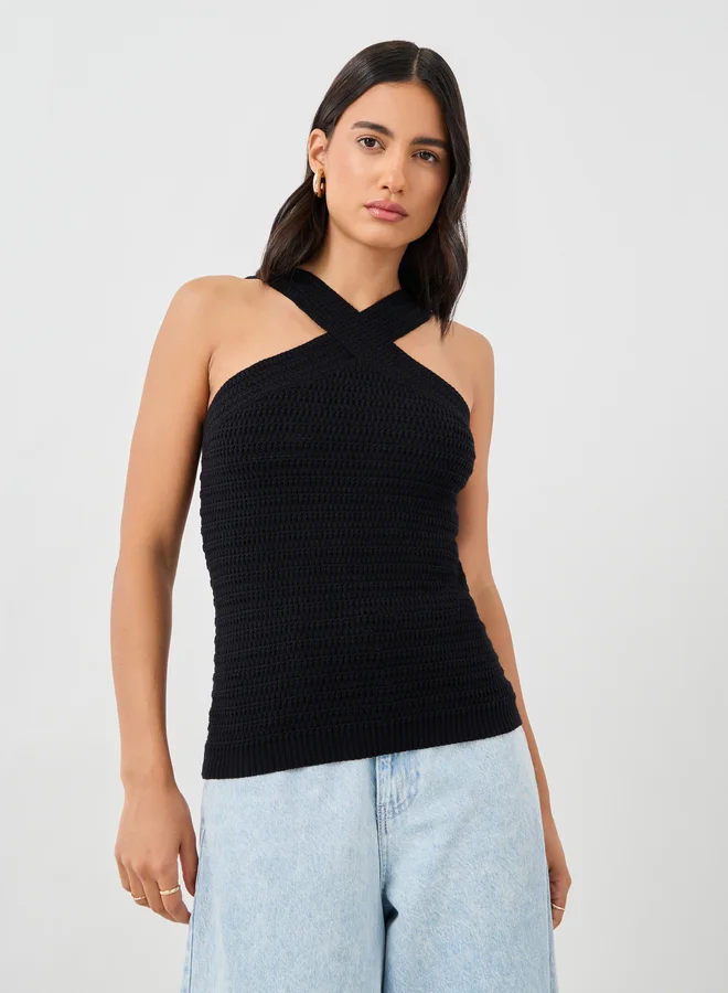 Styli Styli Crochet Knit Cross Neckline Sleeveless Top