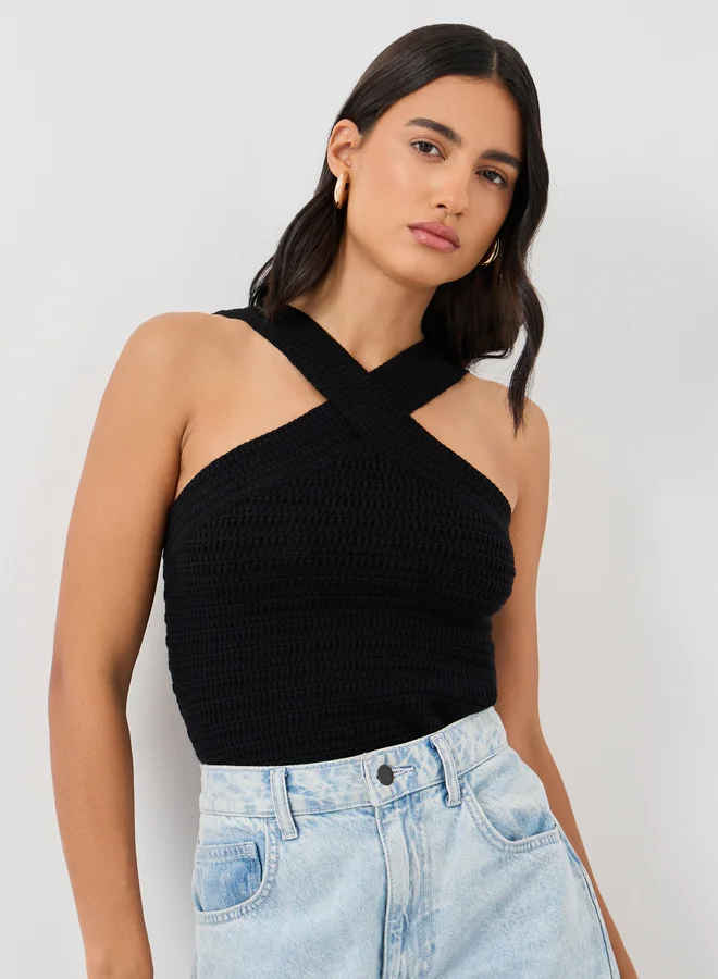 Styli Styli Crochet Knit Cross Neckline Sleeveless Top
