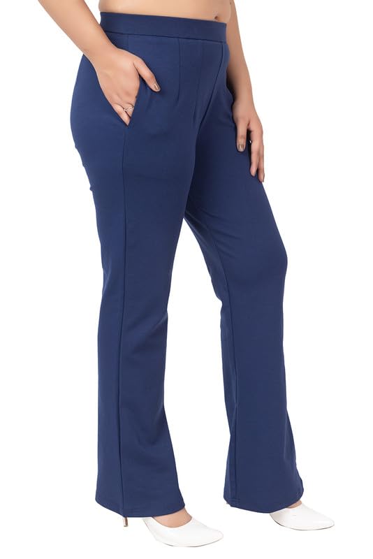 Mlada Store Mlada Bootcut Flare Pants for Women Stretch Cotton Knit Boot Cut Mid Waist Flared Trouser Elastic Waist Band Utility Pockets for Formal Office Work Wear,Travel-Regular/Plus Size-Navy, 3XL - Image 1