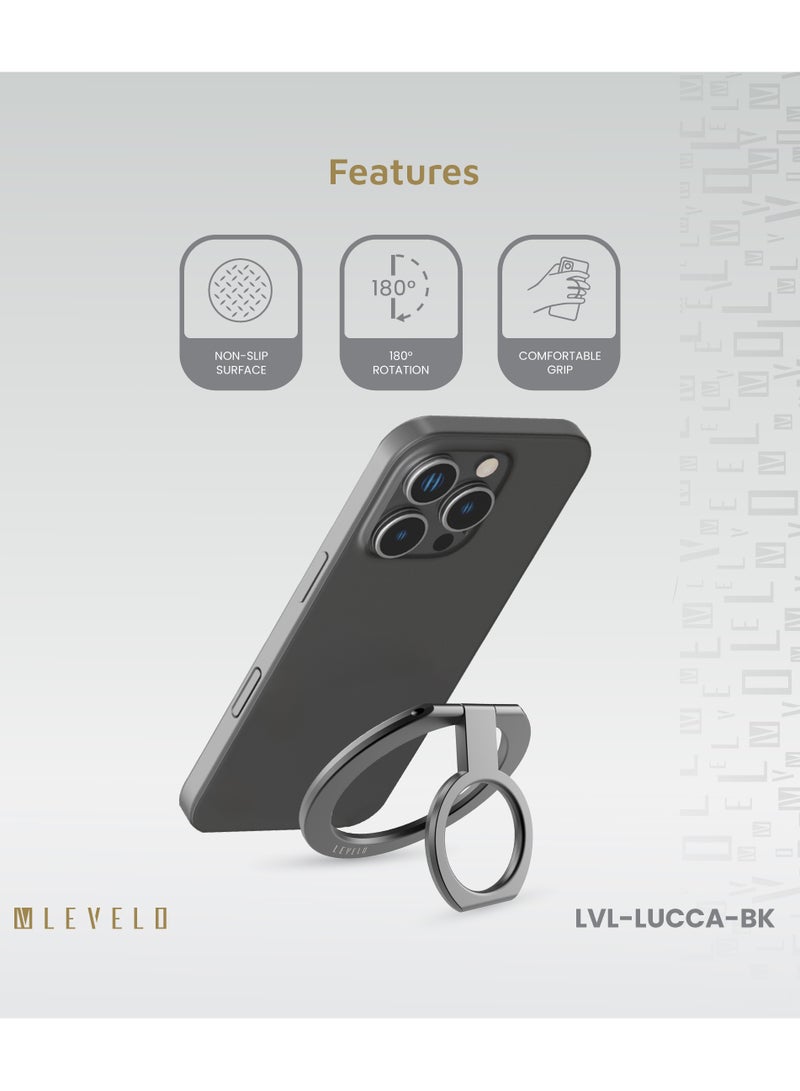 LEVELO Lucca Magsafe Phone Ring Holder / Strong Magnetic Force / Stainless Steel / Non-Slip Surface / 180° Rotation / Comfortable Grip - Black - Image 2
