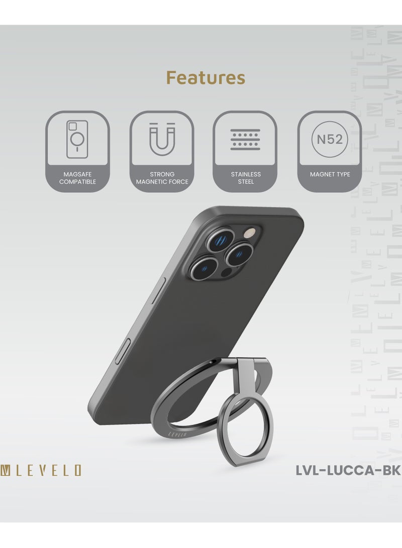 LEVELO Lucca Magsafe Phone Ring Holder / Strong Magnetic Force / Stainless Steel / Non-Slip Surface / 180° Rotation / Comfortable Grip - Black - Image 3