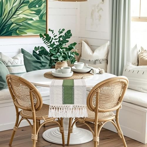 yuboo Fall Sage Green Table Runner, Boho Macrame Table Runner 48 Inches Long, Dresser Runner Cover Top for Kitchen, Coffee Table, Desk Runner, Sage Green Farmhouse Fall Table Decor - Image 3