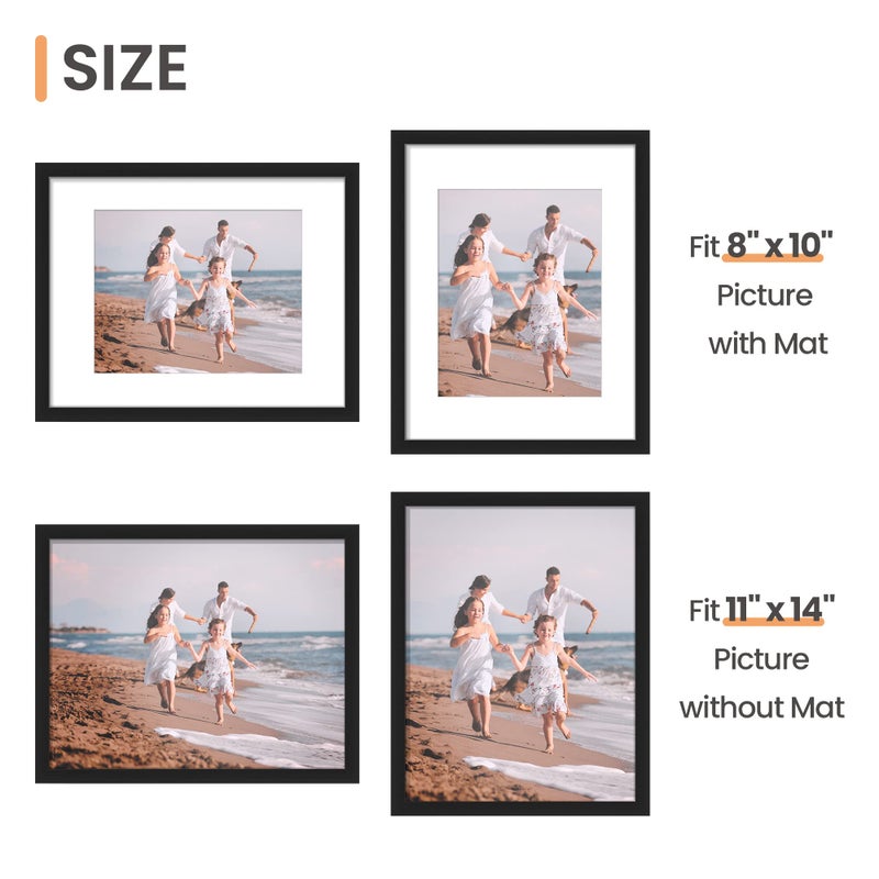 upsimples 11x14 Picture Frame Set of 10, Display Pictures 8x10 with Mat or 11x14 Without, Multi Photo Frames Collage for Wall Display, Black - Image 3