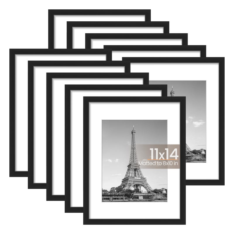 upsimples 11x14 Picture Frame Set of 10, Display Pictures 8x10 with Mat or 11x14 Without, Multi Photo Frames Collage for Wall Display, Black - Image 1