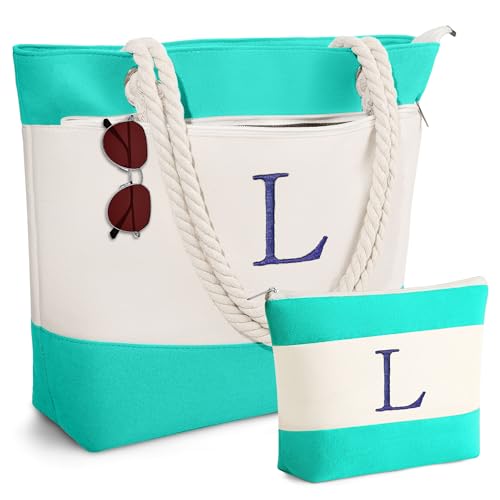 YOOLIFE Personalized Birthday Gifts for Women - Monogram Initial Beach Bags Canvas Tote Bag Travel Essentials for Women Her Mom Girlfriend Teacher Sister Friend Beach Pool Bag for Female L - Image 1