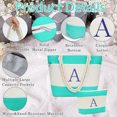 YOOLIFE Personalized Birthday Gifts for Women - Monogram Initial Beach Bags Canvas Tote Bag Travel Essentials for Women Her Mom Girlfriend Teacher Sister Friend Beach Pool Bag for Female L - Image 4