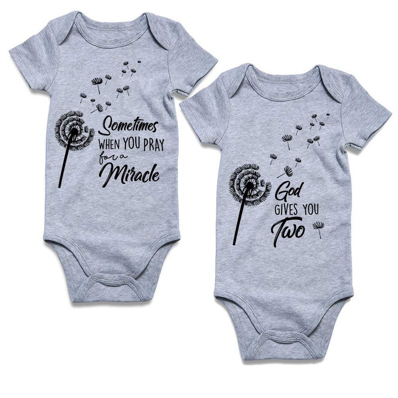 BFUSTYLE 2Pcs Child Baby Boy Girl Unisex Funny Romper Sometimes When You Pray for A Miracles God Gives You Two Twins Short Sleeve Winter Romper Shower Gifts Organic Gray Bodysuit Newborn 0-3 Months - Image 1