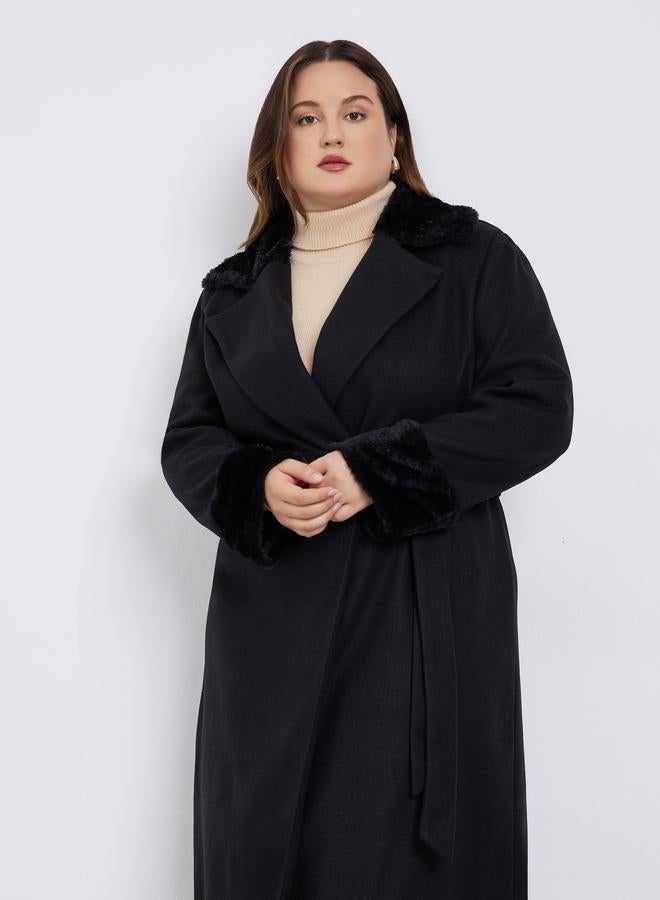 Styli Plus Size Black Wool Like Belted Coat with Fur Trim - Image 3