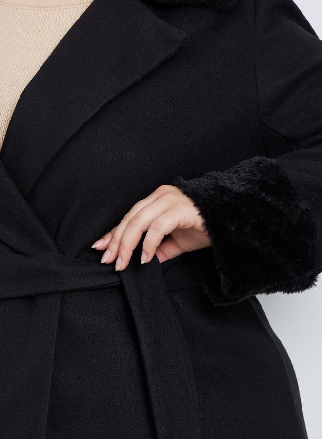 Styli Plus Size Black Wool Like Belted Coat with Fur Trim - Image 4