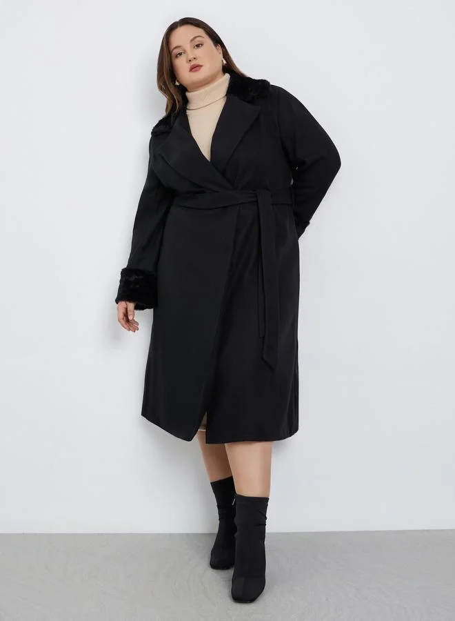 Styli Styli Plus Size Black Wool Like Belted Coat with Fur Trim