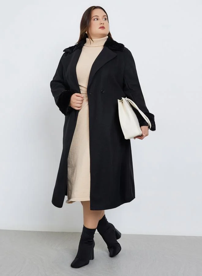 Styli Plus Size Black Wool Like Belted Coat with Fur Trim