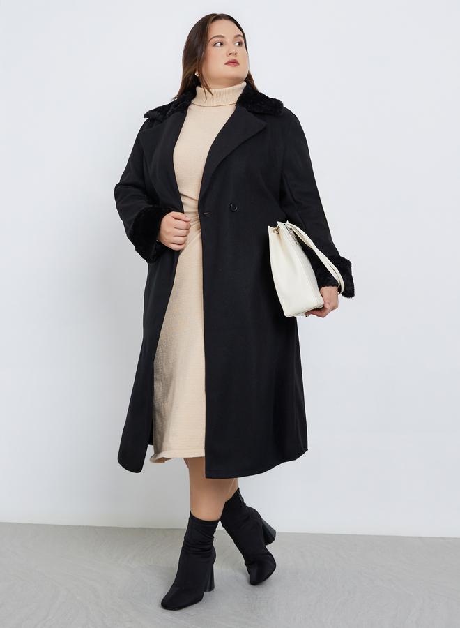 Styli Plus Size Black Wool Like Belted Coat with Fur Trim - Image 1