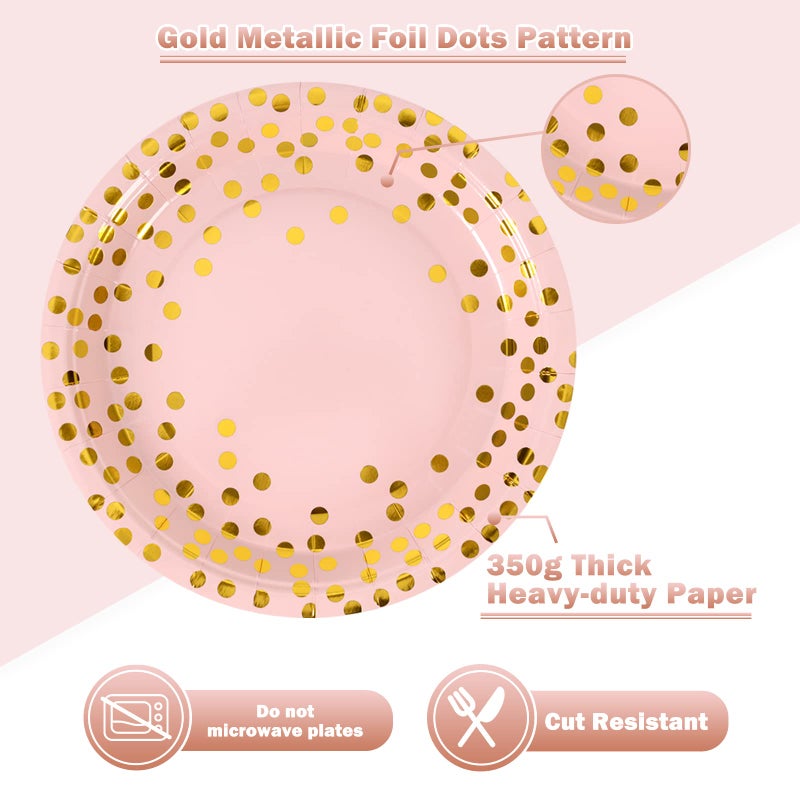 CENLBJ Pink and Gold Paper Plates- 100 Pack- 50 x 7 Dessert Plates & 50 x 6.5 Napkins  Pink Paper Party Supplies for Baby Showers  Birthdays and All Occasions - Image 3