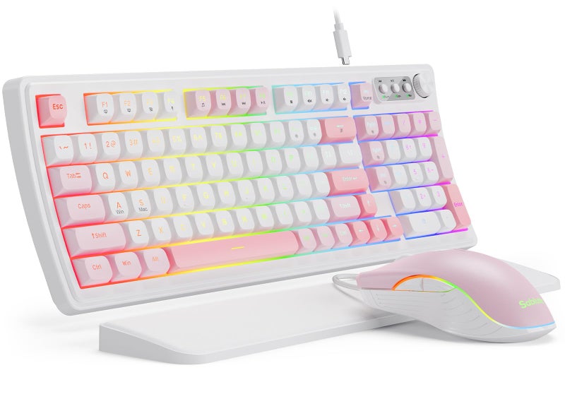 SABLUTE Wired Gaming Keyboard and Mouse, RGB Backlit Mechanical Feel Keyboard and Mouse, Multimedia Knob & Anti-Ghosting Ergonomic Premium Leather Wrist Rest for Game (Pink) - Image 1