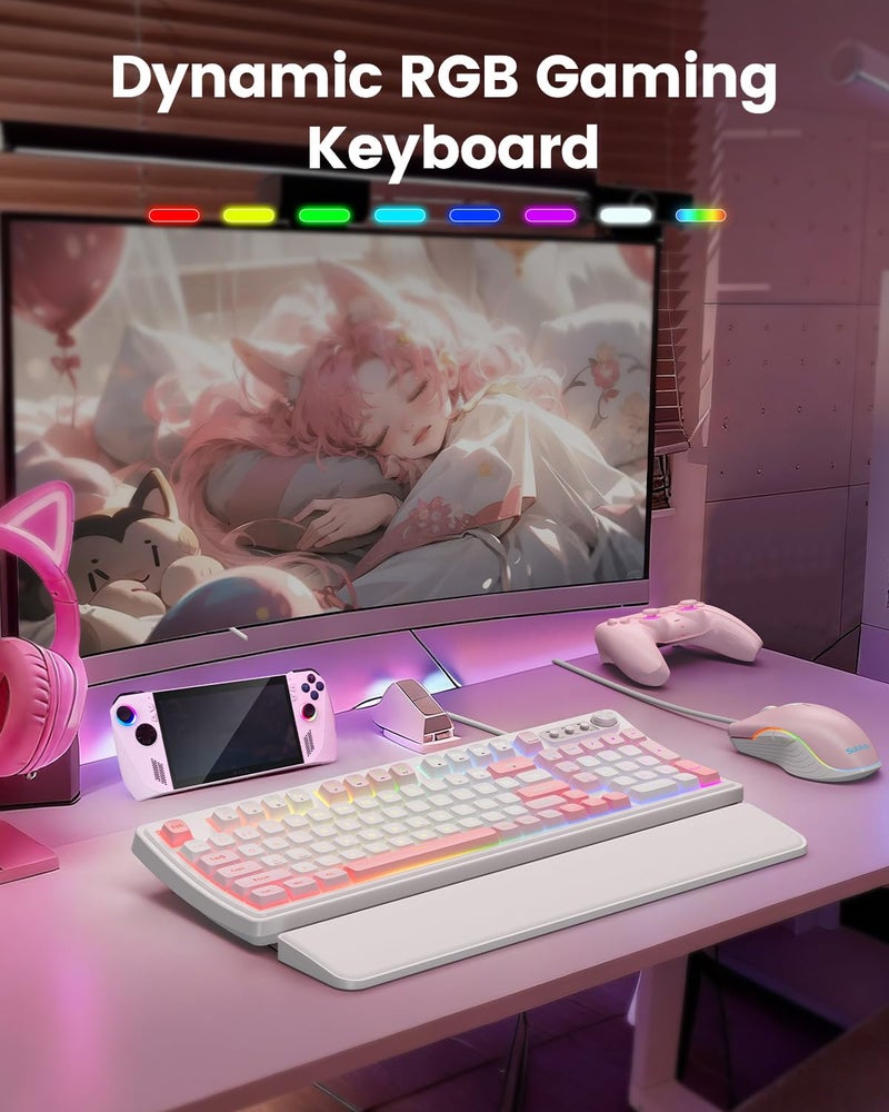 SABLUTE Wired Gaming Keyboard and Mouse, RGB Backlit Mechanical Feel Keyboard and Mouse, Multimedia Knob & Anti-Ghosting Ergonomic Premium Leather Wrist Rest for Game (Pink) - Image 2