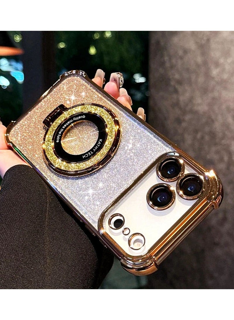 Magnetic Glitter Case for  iPhone  17 Pro Max ， Bling Camera Lens Protector，Sparkly Stand，Support Wireless Charging， Luxury Gradient Shockproof iPhone 17 Pro Max Cover，Gold - Image 1