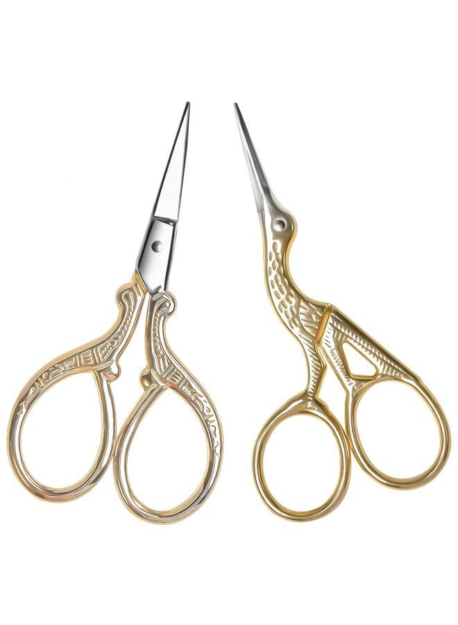 AQUEENLY Embroidery Scissors, Stainless Steel Sharp Stork Scissors for Sewing Crafting, Art Work, Threading, Needlework - DIY Tools Dressmaker Small Shears - 2 Pcs (3.6 Inches, Gold) - Image 1