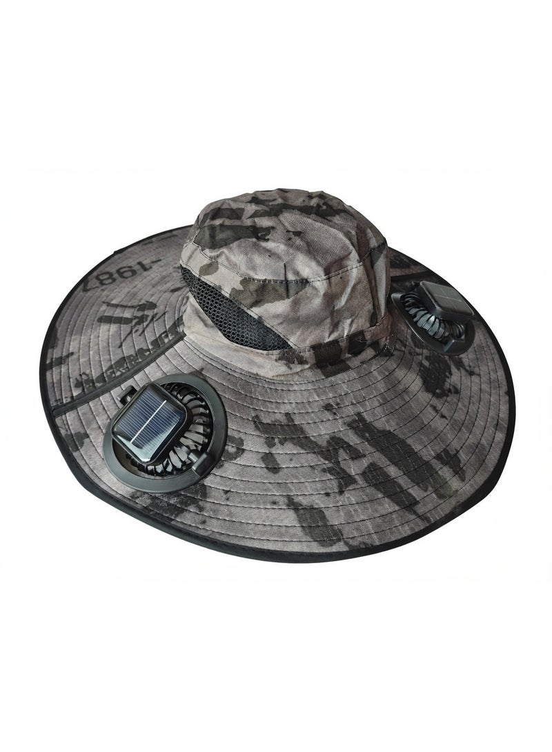 Trendoza Solar Cooling Wide Brim Sun Hat | Dual Fan USB Rechargeable, Breathable Outdoor Hat for Hiking, Fishing & Travel | Light Grey Camouflage - Image 1