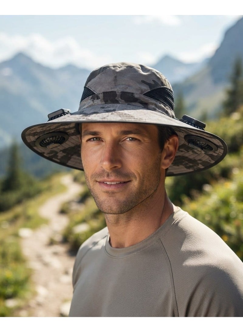 Trendoza Solar Cooling Wide Brim Sun Hat | Dual Fan USB Rechargeable, Breathable Outdoor Hat for Hiking, Fishing & Travel | Light Grey Camouflage - Image 2