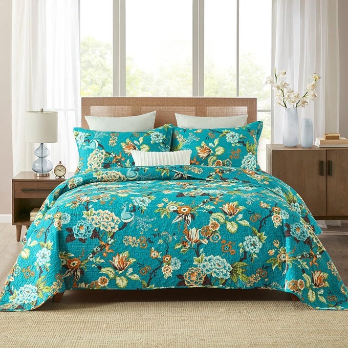 COTTON BEDSPREAD QUILT SETS REVERSIBLE BEDDING COVERLET SETS COMFORTER VINTAGE FLORAL WITH PEACOCK PASTORAL TURQUOISE BEDSPREAD KING SIZE