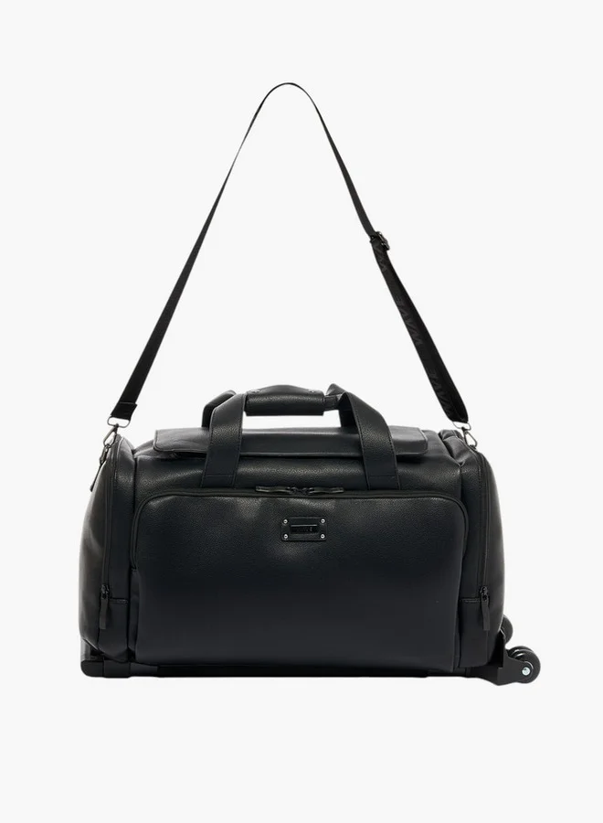 Textured Duffle Bag with Retractable Handle and Zip Closure