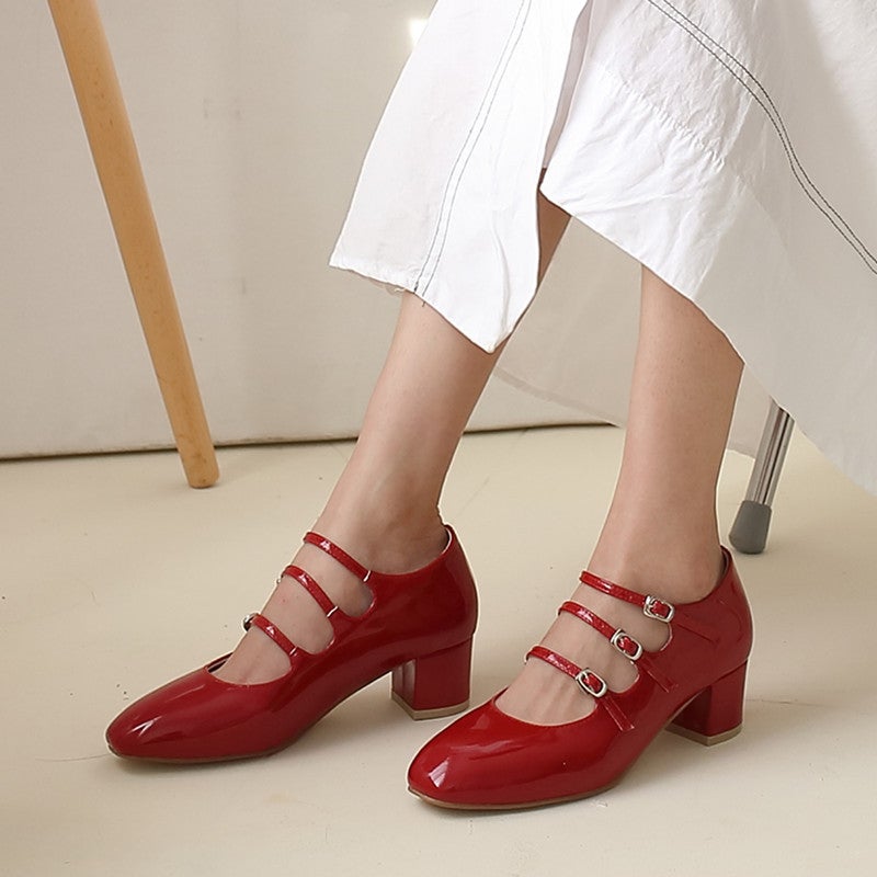 Little Red Shoes Red Mary Jane Shoes 2025 Spring New Style One-Word Buckle French Retro Shallow Mouth Medium Heel Thick Heel Single Shoes - Image 2