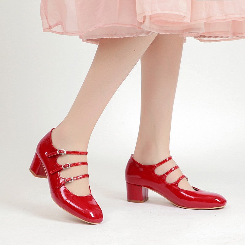 Little Red Shoes Red Mary Jane Shoes 2025 Spring New Style One-Word Buckle French Retro Shallow Mouth Medium Heel Thick Heel Single Shoes - Image 5