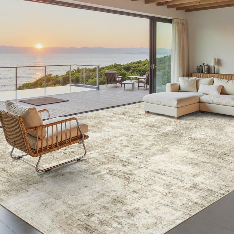 Soalmost Abstract Rug 8x10 Large Living Room Rugs Neutral Modern Washable Area Rugs for Bedroom Dining Room Non-Slip Stain Resistant Foldable Thin Rug Beige Gray - Image 1