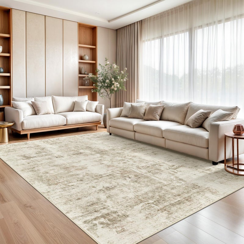 Soalmost Abstract Rug 8x10 Large Living Room Rugs Neutral Modern Washable Area Rugs for Bedroom Dining Room Non-Slip Stain Resistant Foldable Thin Rug Beige Gray - Image 2