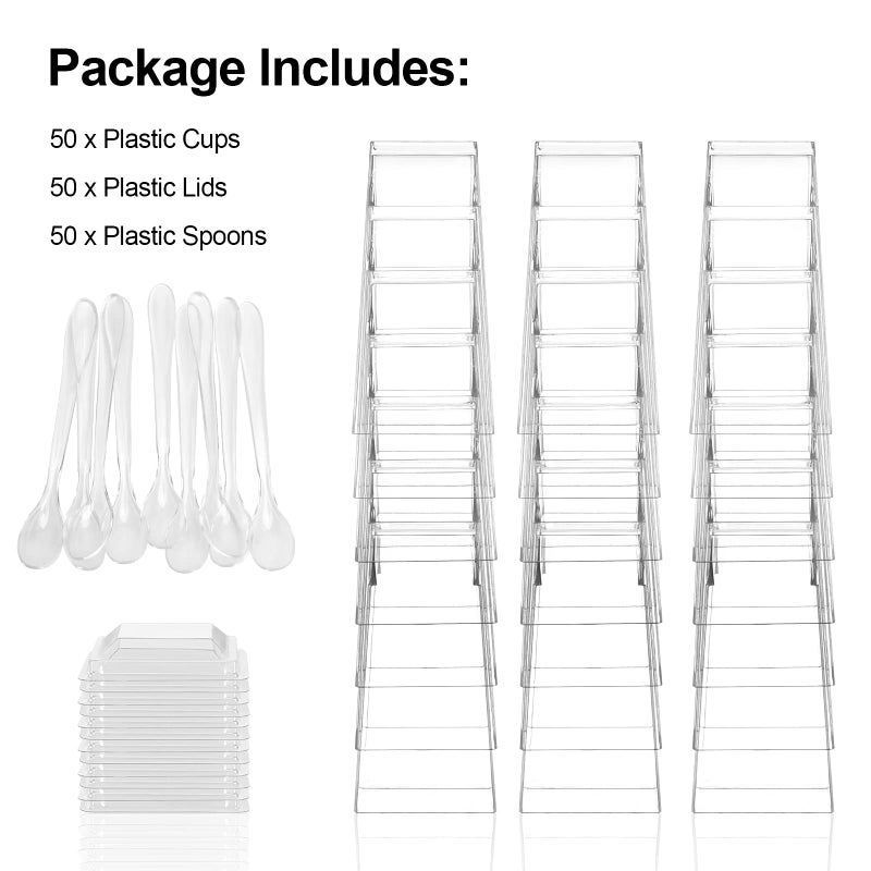 EASERCY 50 Pack 3 oz Square Mini Dessert Cups with Lids and Spoons Clear Dessert Shooter Cups with Spoons Parfait Cups with Lids Appetizer Cups for Party Small Plastic Dessert Cups for Pudding - Image 3