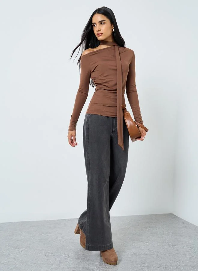 Styli Styli Brown Knit Top With Tie Neck Detail