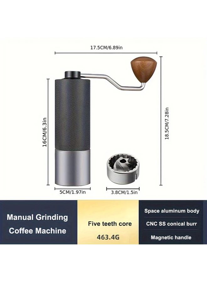 25 جم مطحنة قهوة يدوية مع نتوء مخروطي من الفولاذ المقاوم للصدأ بتقنية CNC بخمس نجوم وإعدادات طحن قابلة للتعديل وذراع تدوير يدوي باللونين الأسود والفضي، محمولة للاستخدام في المنزل والسفر والمكتب والتخييم، مطحنة حبوب قهوة تعمل بسلاسة. - Image 3