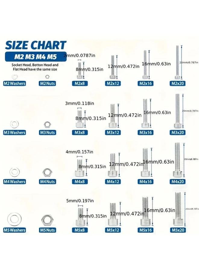 1210 قطعة مجموعة متنوعة من صواميل ومسامير الفولاذ المقاوم للصدأ مع مسامير مرسومة M2 وM3 وM4 وM5 وصواميل وحشوات - Image 3