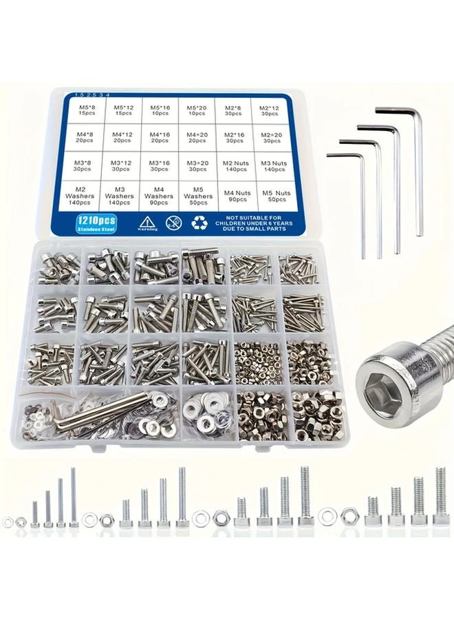 1210 قطعة مجموعة متنوعة من صواميل ومسامير الفولاذ المقاوم للصدأ مع مسامير مرسومة M2 وM3 وM4 وM5 وصواميل وحشوات - Image 1