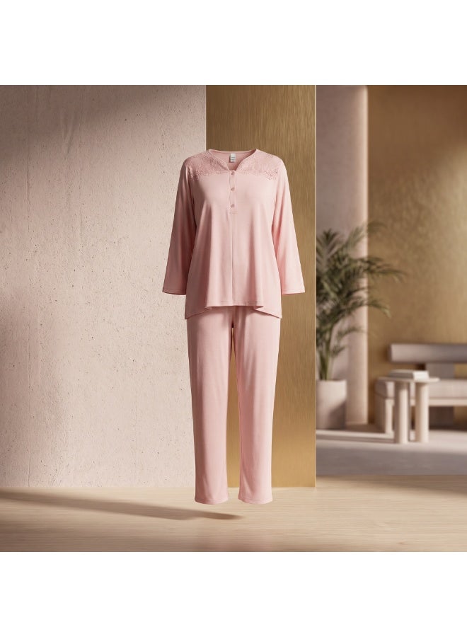 Women's Maternity & Nursing Pajama Set - 2 Piece Long Sleeve Button-Front Top & Adjustable Waist Pants | Cotton Viscose Blend Sleepwear | Made in Turkey - Image 1