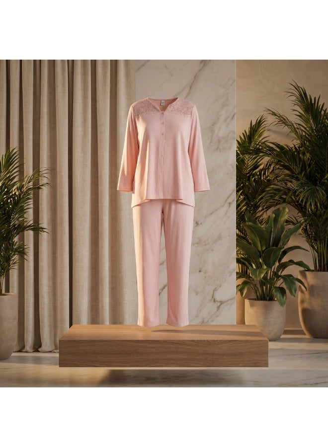 Women's Maternity & Nursing Pajama Set - 2 Piece Long Sleeve Button-Front Top & Adjustable Waist Pants | Cotton Viscose Blend Sleepwear | Made in Turkey - Image 2