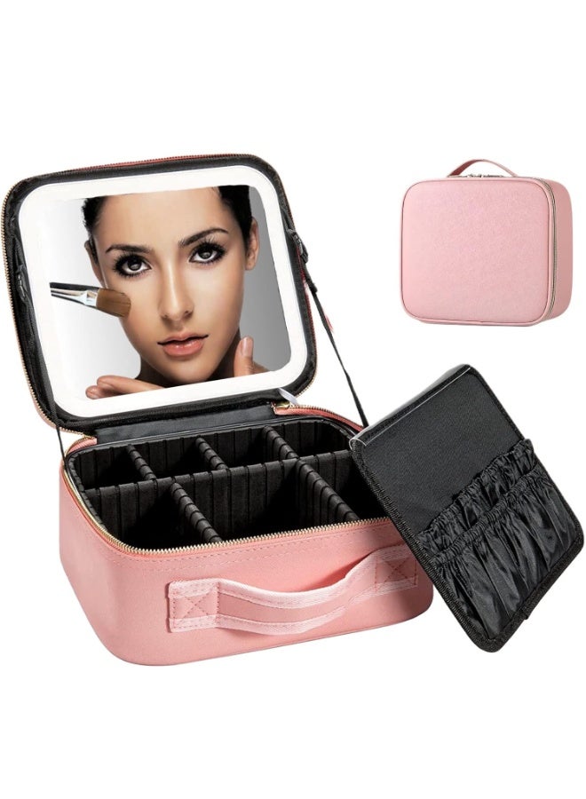 حقيبة مكياج مع مرآة مضاءة بإضاءة LED، حقيبة مستحضرات تجميل ذات سطوع قابل للتعديل مع لوحة تخزين فرشاة مناسبة للسفر والمكياج اليومي (وردي ليدي) - Image 1