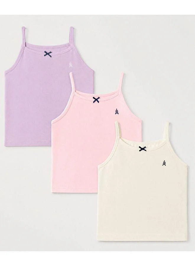 Pine Kids Pine Kids Cotton Lycra Knit Sleeveless Solid Slips With Bow Applique Pack Of 3 - Purple Pink & White