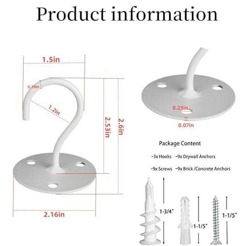 LangPu Ceiling Hooks for Hanging Plants- Metal Heavy Duty Wall Mounted Hangers for Hanging Bird Feeders, Planters, Wind Chimes, Include Professional Drywall Anchors (5 Pack) (Bright White) - Image 2