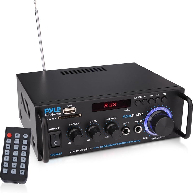 Pyle 200W Stereo Power Amplifier with Bluetooth - Dual Channel Audio Receiver - LED Display - RCA - USB - SD - MIC IN - FM Radio - AUX Input - Perfect for Home & Computer Audio - PDA29BU.5 - Image 1