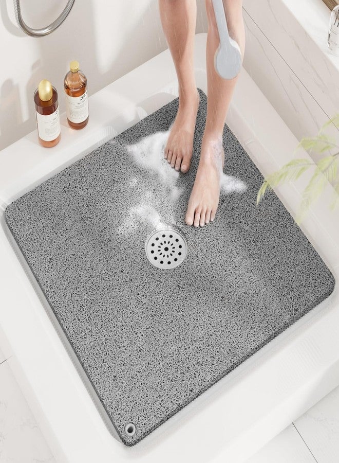 HITSLAM Shower Mat, 24x24 Inch Square Non Slip Bathtub Mat, Soft PVC Loofah Bath Mat for Tub with Hanging Holes, Quick Drying Shower Floor Mat, Without Suction Cups, Grey - Image 1