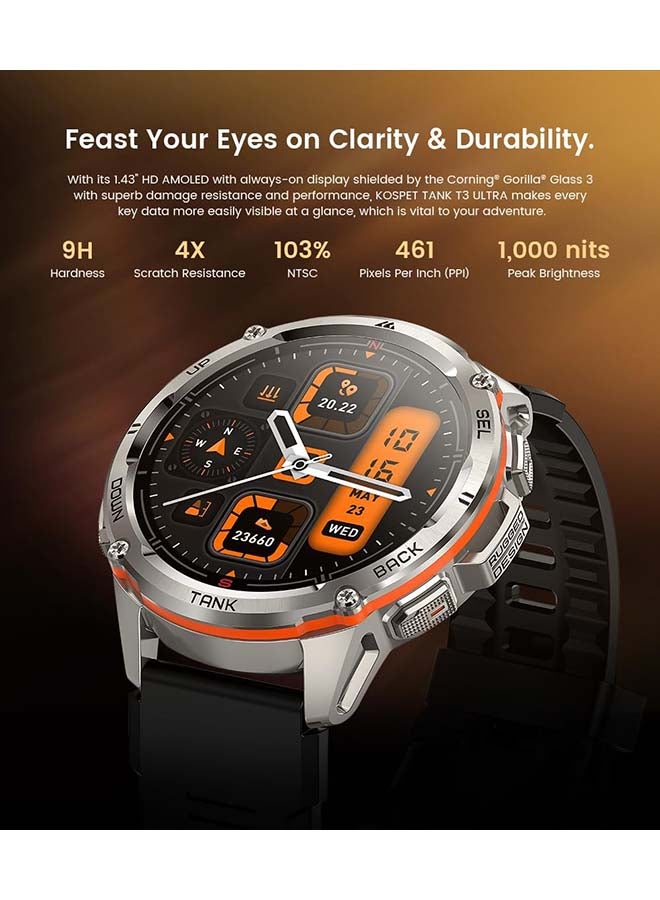 KOSPET ساعة Tank T3 Ultra الذكية - شاشة Amoled مقاس 1.43 بوصة، نظام تحديد المواقع العالمي (GPS)، عمر بطارية يصل إلى 10 أيام، مقاومة للماء حتى 5ATM، أكثر من 130 وضعًا رياضيًا، مراقبة معدل ضربات القلب، تتبع النوم، تصميم متين - Image 3