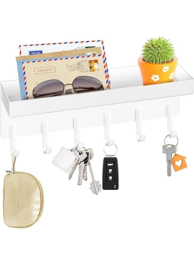 HOOKOR Durku Key Holder Wall Mount, Matte Black Stainless Steel Key Mail Holder Small Key Rack with Tray Adhesive Key Hanger Mail Storge Organizer with 6 Key Hooks for Entryway Hallway Doorway (White) - Image 1