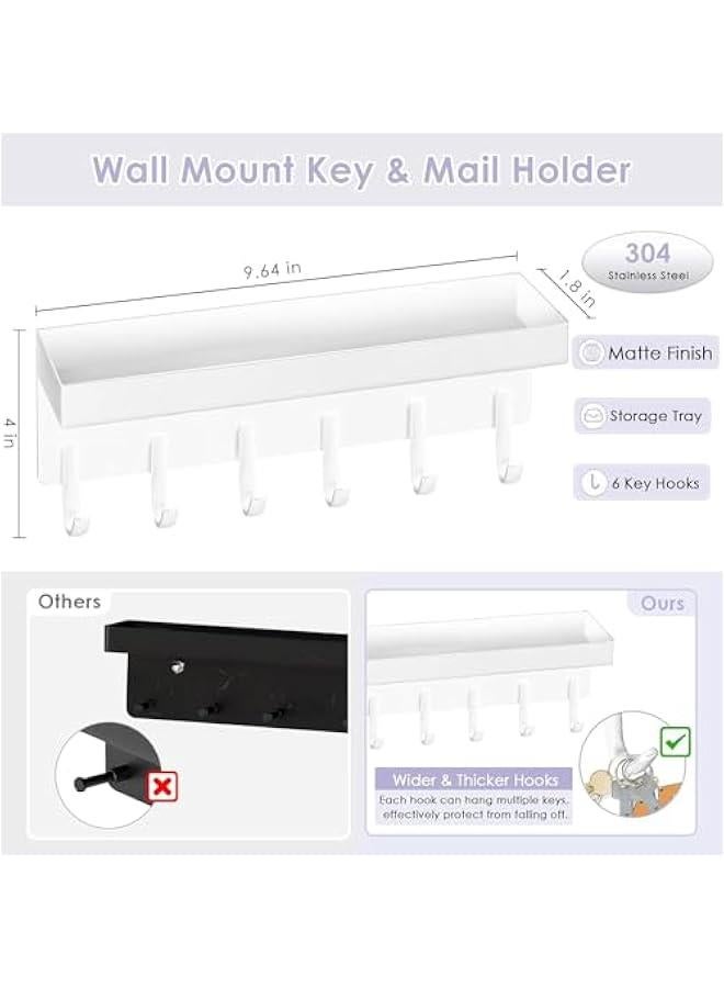 HOOKOR Durku Key Holder Wall Mount, Matte Black Stainless Steel Key Mail Holder Small Key Rack with Tray Adhesive Key Hanger Mail Storge Organizer with 6 Key Hooks for Entryway Hallway Doorway (White) - Image 3