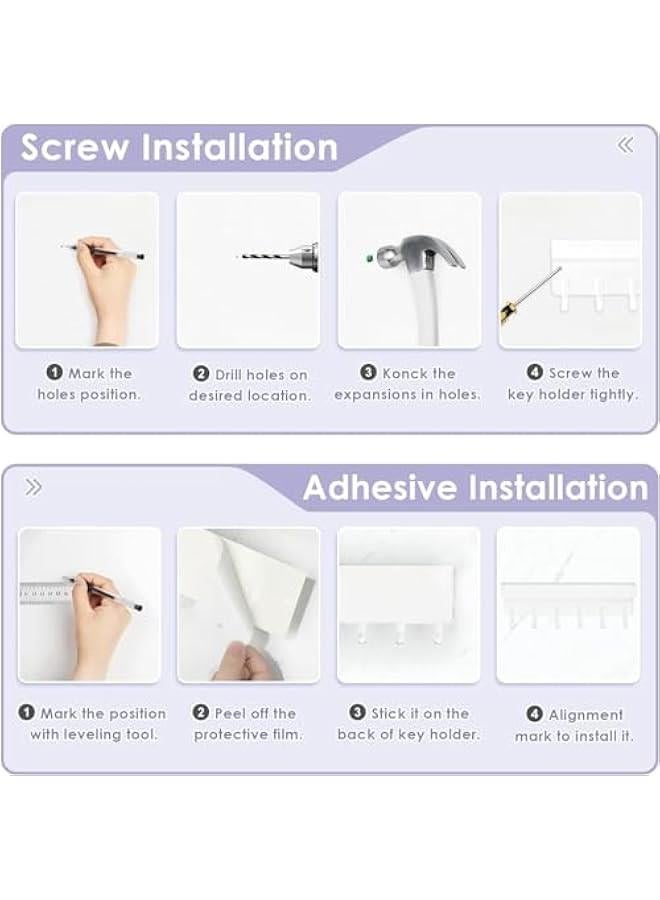 HOOKOR Durku Key Holder Wall Mount, Matte Black Stainless Steel Key Mail Holder Small Key Rack with Tray Adhesive Key Hanger Mail Storge Organizer with 6 Key Hooks for Entryway Hallway Doorway (White) - Image 4