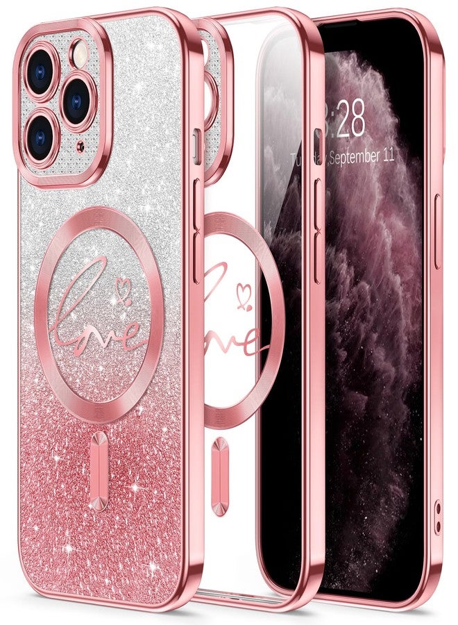 Hython for iPhone 11 Pro Case Glitter, Compatible with MagSafe Love Heart Magnetic Clear Phone Cases for Women Girls, Full Camera Protection Sparkle Plating Shockproof Protective Cover, Pink - Image 1